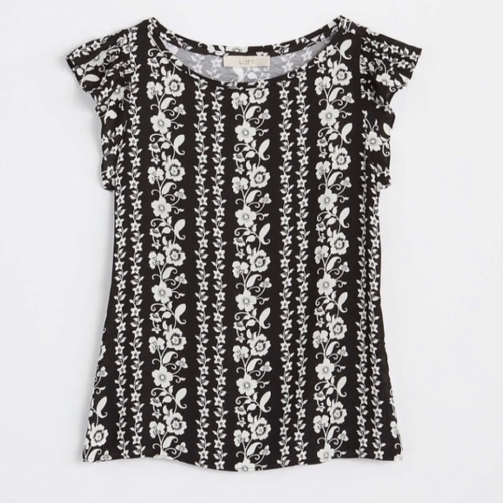 LOFT Vine Ruffle Sleeve Mixed Media Top